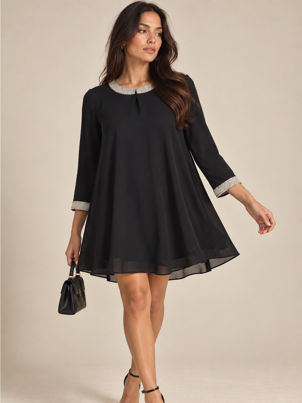 Vintage Julian Wilder Black Beaded Collar Tunic Swing Dress Size 16